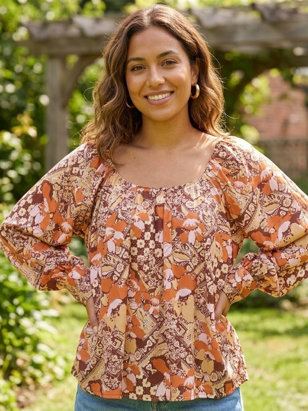 NEW Free People Floral Sage U-Neck Boho Blouse in Amber Combo